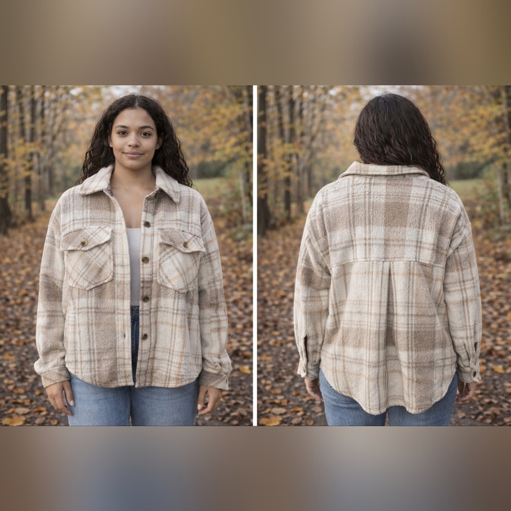 SO Beige and Brown Plaid Shirt Jacket